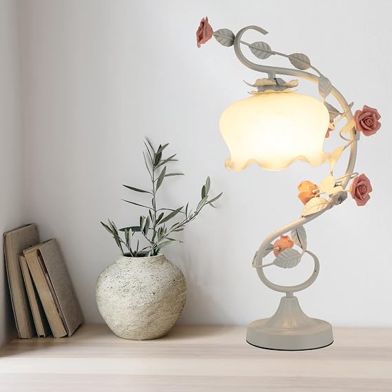 Flower Glass Table Lamp Bedside Lamp Modern Nightstand Desk Light Reading Lamp for Bedroom, Living Room, Office, Dresser (Pink + White)