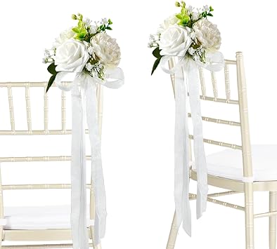 CherishedMoments Wedding Aisle Chair Decorations Set of 6 Artificial Flowers Eucalyptus and Ribbons,Pew Flower Arrangement,for Wedding Ceremony Party Church Chair Decor,White