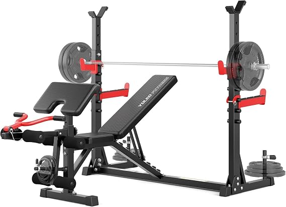 Yoleo Weight Bench with Rack - Bench Press Set, Leg Extension, Preacher Curl & Flat/Incline/Decline Full Body Workout Bench, Adjustable Olympic Weight Benches for Home Gym(47.44IN WIDE GRIP) (47.44 Wide Grip)