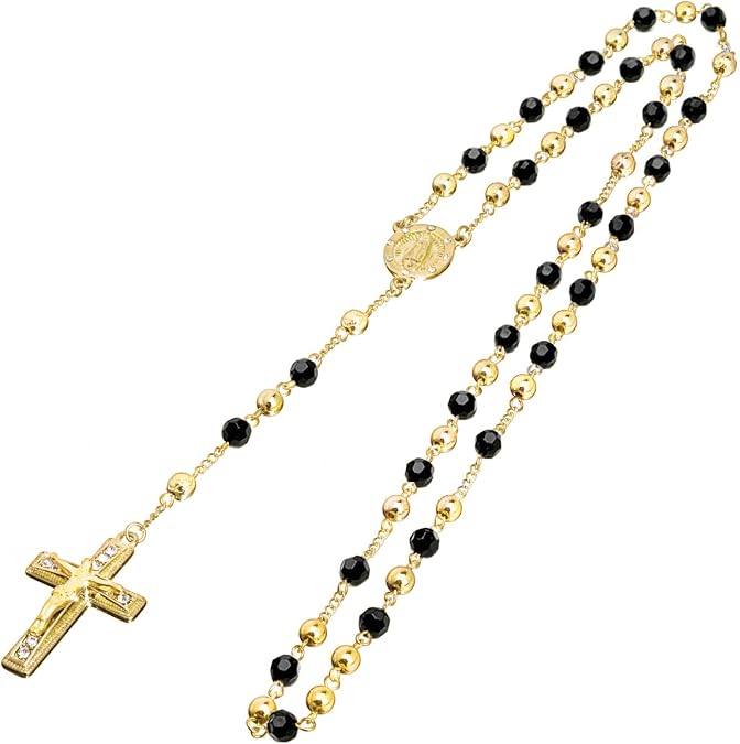 Rosary 6 mm Black Bead Gold and Silver Tone Guadalupe & Jesus Cross 28" Necklace HR 600