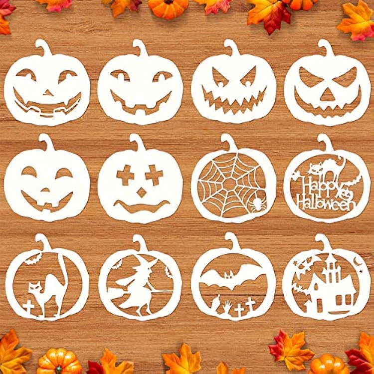 Mocoosy 12 PCS Halloween Stencils, 8 Inch Pumpkin Face Stencils for Carving, Reusable Plastic Large Halloween Templates for Painting on Wood DIY Pumpkin Crafts Wall Fabrics Window Hallowmas Art Decor