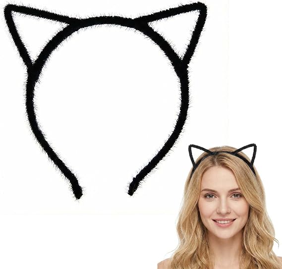 Soft Fluffy Cat Ear Headband - Elastic Adjustable Headband with Black Fuzzy Ears for Women, Adults, for Halloween, Cosplay, Party Costume and Daily Styling