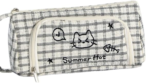 Cute Plaid Cat Pencil Case with Handle, Large Capacity Multi-Layer Pencil Bag, Multifunctional Kawaii Pen Pouch, Adorable Supplies Organizer with Cute Animal patterns (White)