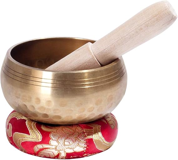Tibetan Singing Bowl Set ~ Easy to Play with Fabric Case, Cushion, and Mallet ~ Handcrafted in Nepal for Meditation, Yoga, Spiritual Healing and Mindfulness (Brass)