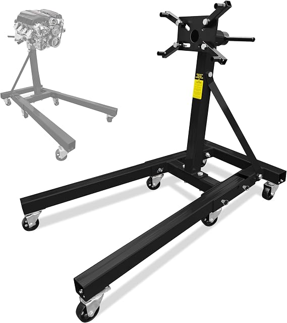 Heavy Duty Foldable Engine Stand 2000LBS Capacity, 360 Degree Rotating Head and Adjustable Arms for Auto Repair, Vehicle Maintenance, 6-Universal Casters, Black