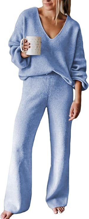 Viottiset Women's 2 Piece Outfits Sweater Set V Neck Knit Pullover Top Wide Leg Pants Sweatsuit Blue Small