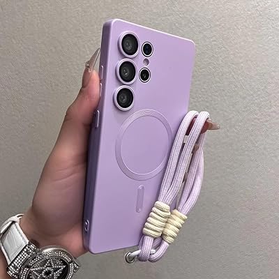 Fashion Liquid Silicone Case for Samsung Galaxy S25 Ultra S25 Plus S21 S22 S23 S24 Ultra Lens Film Wrist Strap Coverfor Samsung S25UltraPurple GS