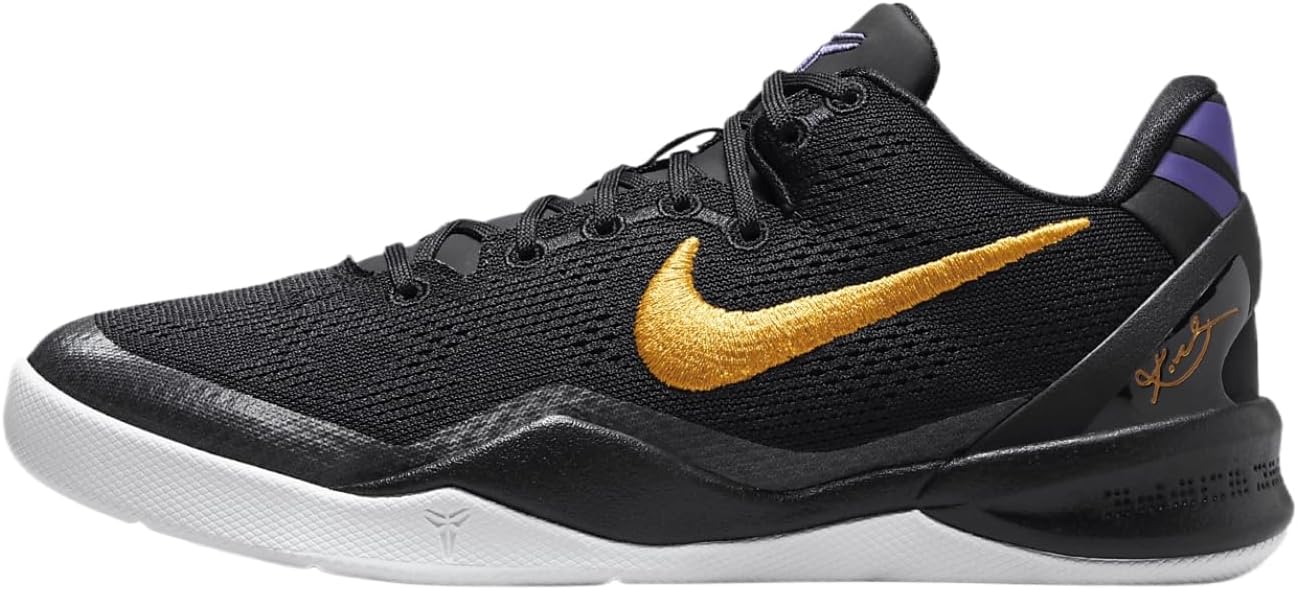 Kobe 8 Big Kids' Basketball Shoes (FN0266-002, Black/White/Court Purple/University Gold) Size 6