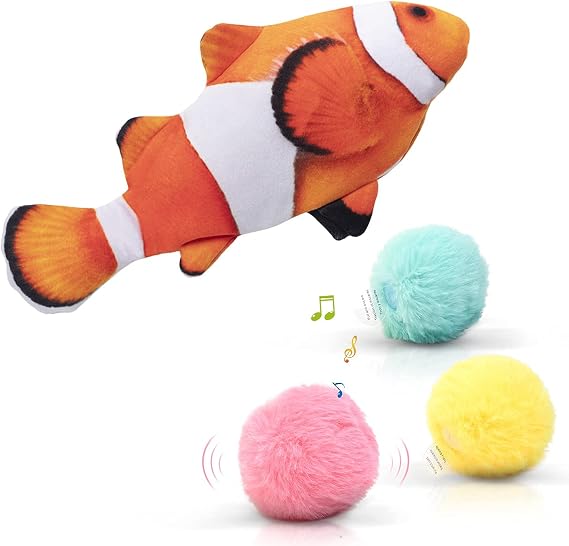 Potaroma Flopping Fish Cat Dog Toy and 3 Pack Fluffy Plush Cat Chirping Balls