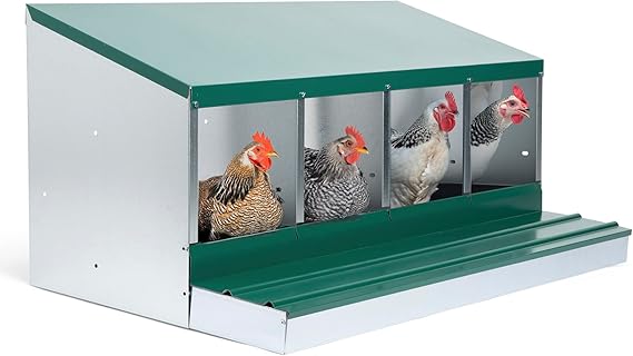 Homestead Essentials Deluxe Metal 4 Compartment, Forward Rollout & Rollaway, Hen & Chicken Nesting Box with Universal Easy Access Protective Egg Laying Collection Lid