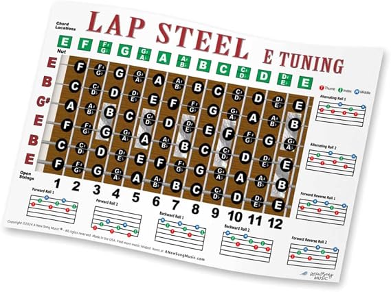 Lap Steel E Tuning Fretboard Notes & Chords Poster 11x17 | EBEG#BE Fretboard Note Map Reference Chart Chord positions roll patterns music stand studios classrooms & music-room walls