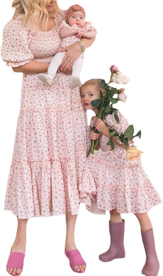 Mommy and Me Dresses Puffy Sleeve Summer Boho Ruffle Maxi Dress Mother Daughter Matching Outfits Mom and Baby Dresses
