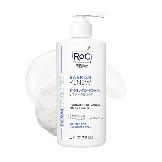 RoC Barrier Renew Gel to Foam Facial Cleanser, Sensitive Skin, non-drying | Clinically proven to deeply cleanse, hydrate, soften & balance skin. Gentle and safe for sensitive skin. With ceramides, 12oz