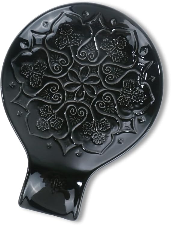 Ceramic Spoon Rest for Kitchen Counter and Stove Top - Farmhouse Style Ceramic Spoon Holder for Cooking & Counter Protection(Black)