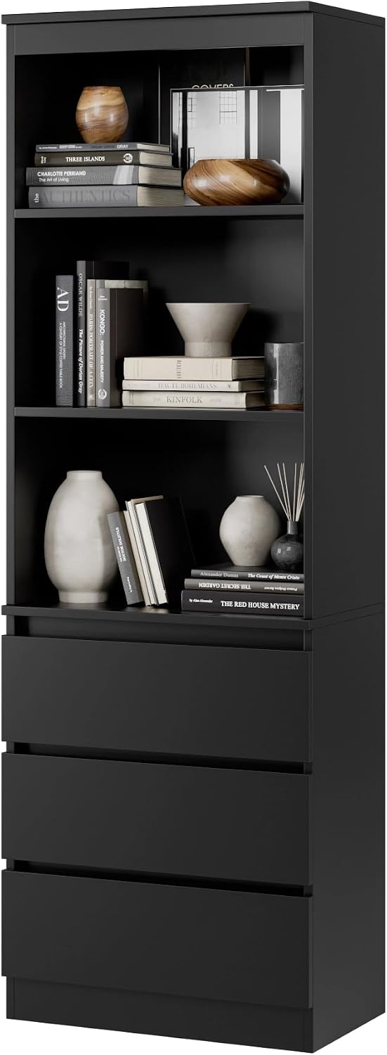 FirFurd 180cm Tall Bookcase Bookshelf with 3 Drawers and Shelves Living Room Storage Cabinet Freestanding Display Cupboard Unit Wooden Black