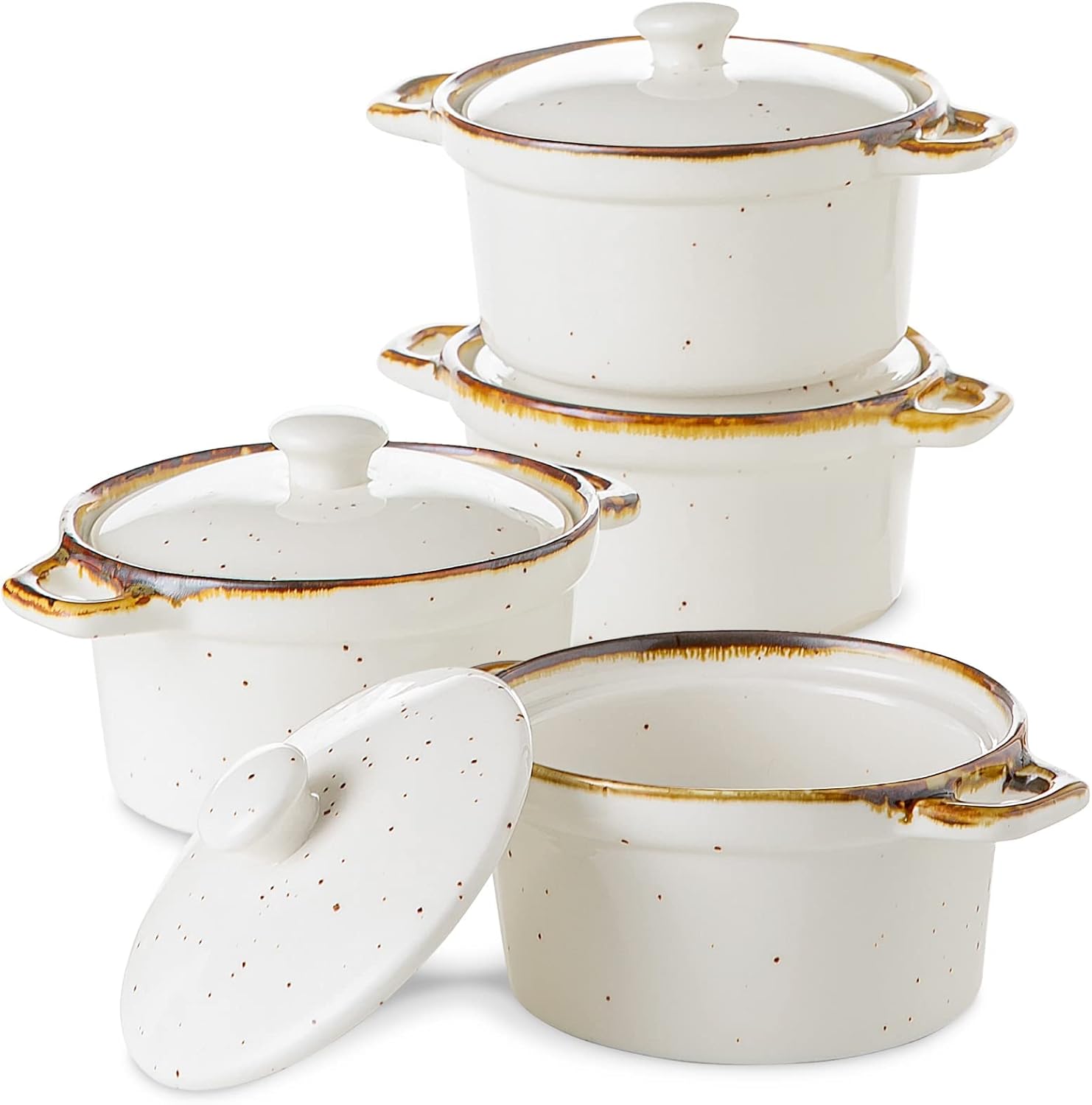ONEMORE Ramekins with Lids, 12 oz Ceramic Mini Casserole Dish with Handles, Oven Safe Ramekins Set of 4 for Baking Soup, Creamy White
