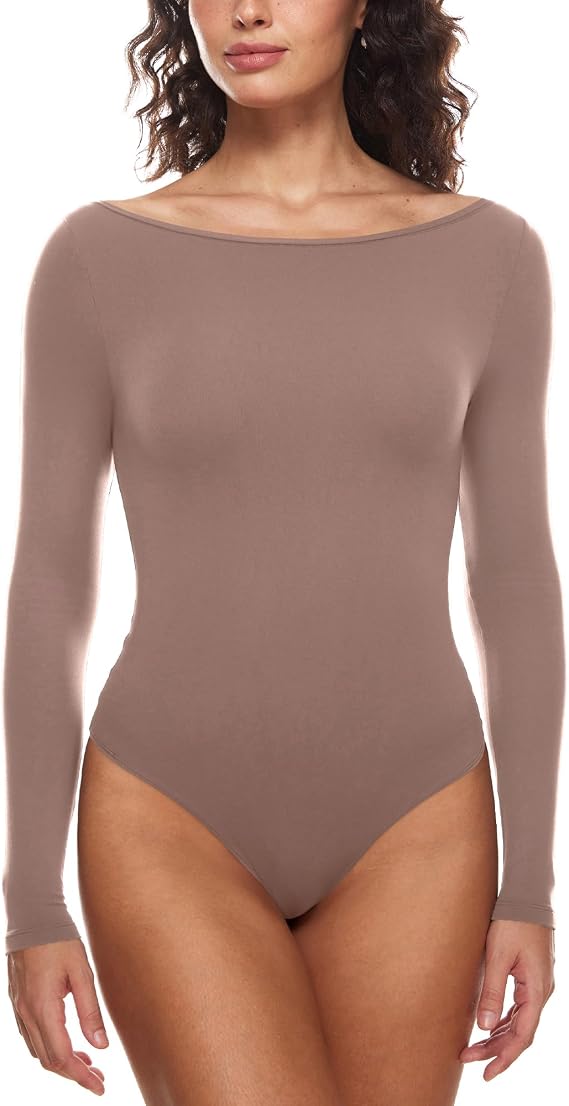 INLYRIC Women's Natrelax Long Sleeve Bodysuit Boat Neck Stretchy Basic Tops