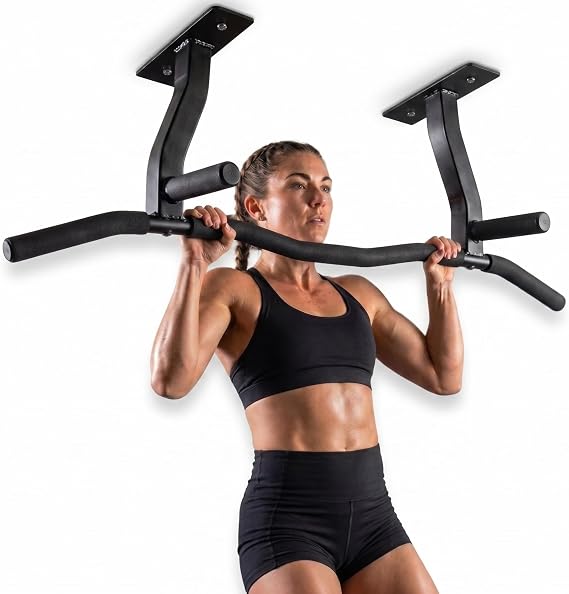 Ultimate Body Press Ceiling Mount Pull Up Bar with Reversible Risers for 16 and 24 Inch Joists with Optimum Grip Spacing