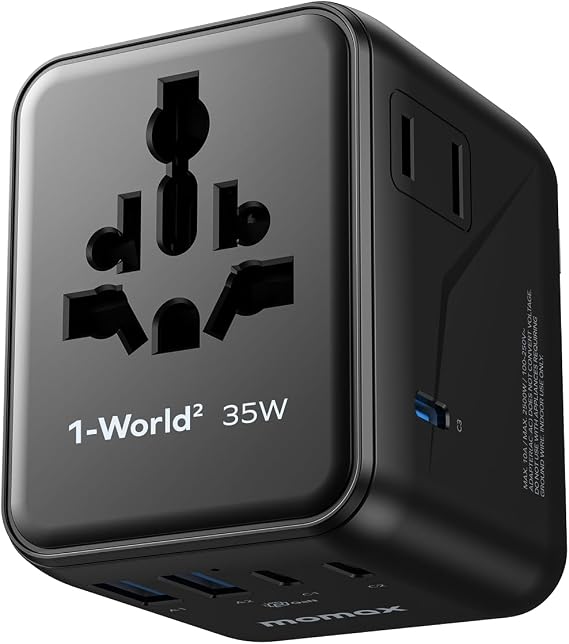 MOMAX Universal Travel Adapter 7-in-1, All-in-one European Travel Plug Adapter with 3 USB-C PD & 2 USB-A QC & 2AC, International Power Adapter Outlet for Travel UK/EU/AUS/JP, Travel Essentials(Black)