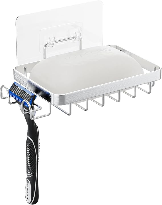 Stainless Steel Adhesive Soap Bar Holder for Shower Wall with 2 Hooks