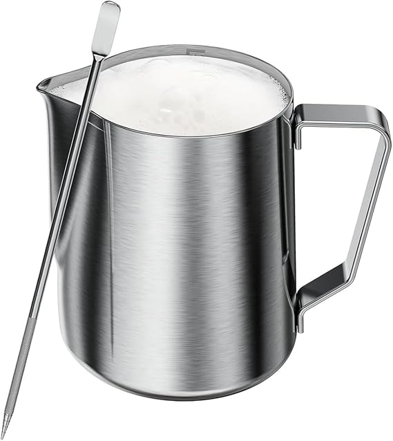Maestri House Milk Frothing Pitcher, 12oz Espresso Steaming Pitcher | Milk Frother Cup, Milk Coffee Cappuccino Latte Art, 304 Stainless Steel Jug Cup with Decorating Art Pen