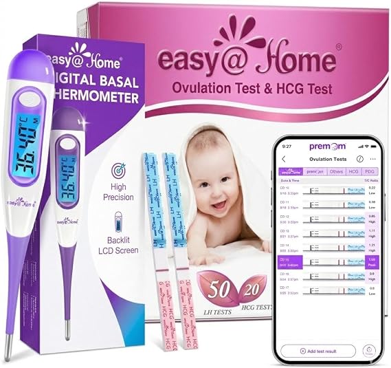 Easy@Home 50 Ovulation Test Strips and 20 Pregnancy Tests with Digital Basal Thermometer – 1/100°C High Precision, Memory Recall, Backlight, Sync &amp; Chart via Premom App for Natural Family Planning
