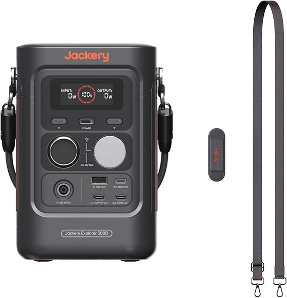 Jackery Explorer 300D Power Bank, 288Wh LiFePO4 Battery Portable Power Station, 300W DC Output with Adjustable Strap