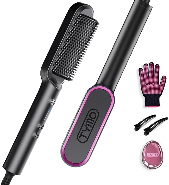 TYMO Hair Straightener Brush UK, Flat Iron and Hair Brush 2-in-1, Anti-Scald, Fast Heating, 5 Temp Settings (130℃-210℃), Professional Salon at Home, Wider Comb for Even Straightening, Black