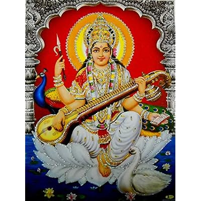 Crafts of India Goddess Saraswati Playing VeenaHindu Goddess Poster with Glitter-reprint on paper Unframed : Size 12X16 Inches