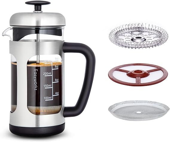 Easyworkz Stainless Steel French Press 12 oz, Bundled with French Press Filter Replacement Parts