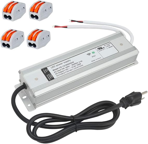 UL Recognized 12V LED Driver 150W Power Supply AC to DC Converter Waterproof IP67 Transformer with 3 Prong Plug, 120V AC to 12V DC Power Adapter for LED Strip Light