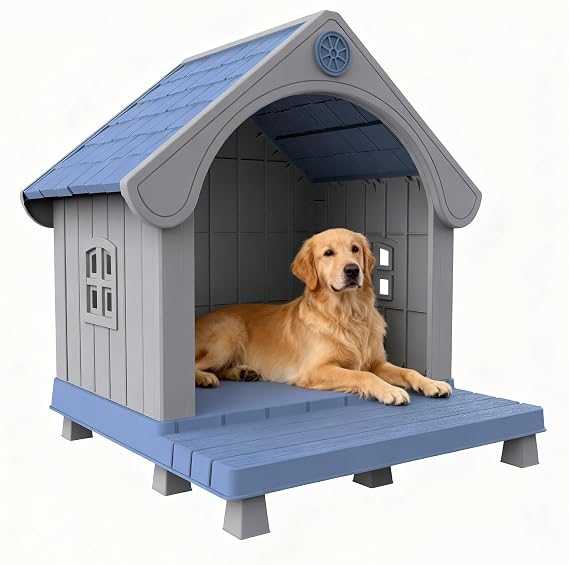 EasyUp Outdoor Dog House, Waterproof & UV Resistant Resin Pet Shelter with Elevated Base and Open-Front Design, Durable All-Weather Large Dog House for Backyard, Patio and Indoor Use (Blue)