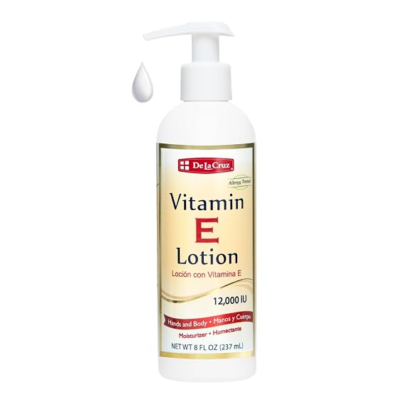 De La Cruz Vitamin E Lotion for Dry Skin 12,000 IU with Avocado Oil, Almond Oil & Aloe Vera.vitamin e moisturizer, Moisturizing body lotion and face lotion for All Skin Types 8 FL OZ Made in USA