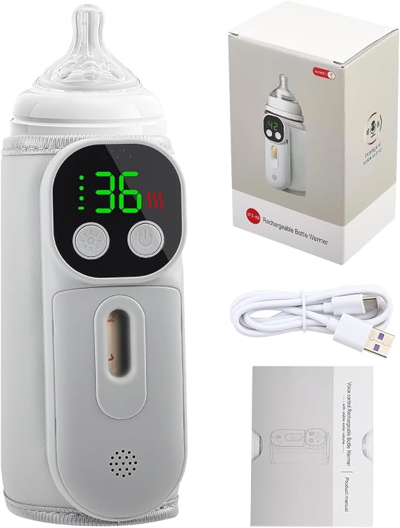 Baby Bottle Warmer, Portable Cordless Bottle Warmer with Voice Control &amp; Night Light, Smart Rechargable Milk Warmer Fast Heating with 7 Temp Accurate Temperature &amp; Milk Level Viewing Window