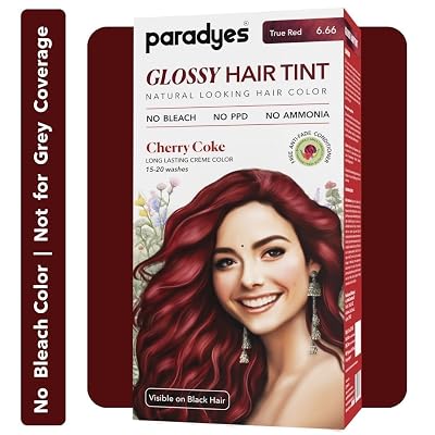 Para,dyes No Bleach Cherry Coke Glossy Hair Tint, Ammonia-Free Formula for Natural Black Hair, Visible on Natural Black Hair, Enriched w Herbal Extracts, Includes Anti-Fade Conditioner, 6.6 True Red