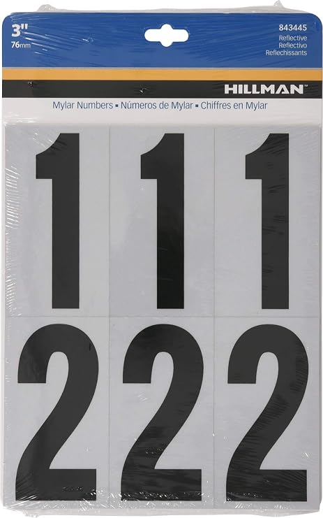 Hillman Reflective Adhesive Mailbox Number Pack, 3",Black and White 843445 | Square-cut vinyl , Self-adhesive reflective numbers for mailboxes, doors, or bins , Includes assorted 0-9 numerals