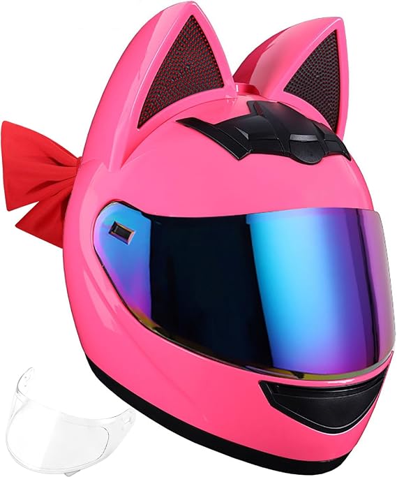Full Face Motorcycle Helmet Girls Cat Ear Motorcycle Helmet with Removable Liner Full Face Helmet with Cat Ears and Bow for Cruiser Motocross DOT/ECE Approved