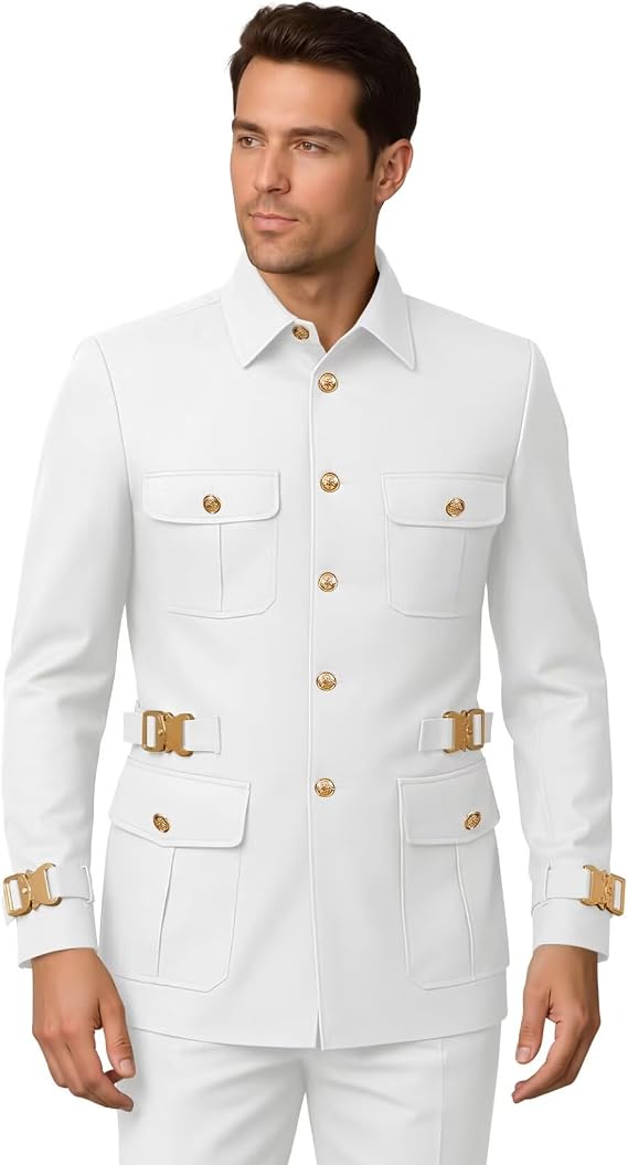 2 Piece Safari Suits for Men Regular Costume Wedding Suit with Metal Buckle Groom Suit Metal Clasp Closure