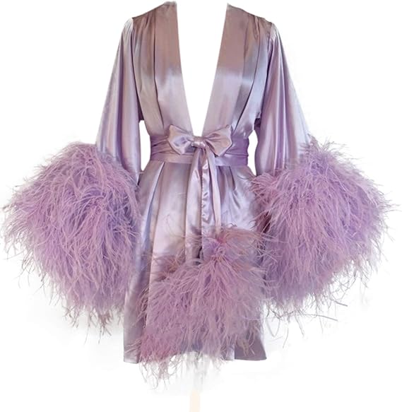 bathgown Women's Feather Fur Bridal Sheer Robe Sexy Illusion Lingerie Nightgown Bathrobe Sleepwear