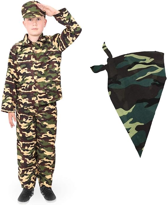 Boys Army Fancy Dress Outfit With Camo Bandana. Childs Combat Soldier Costume. Childs Military Uniform For The Dress-up Box, Fancy Dress Parties, And Christmas / Birthday Gifts. Size: Xlarge