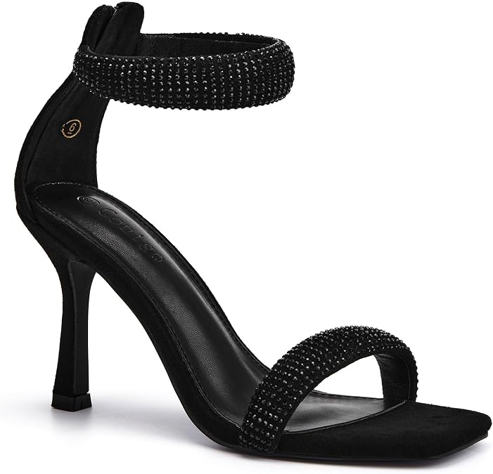 Coutgo Womens One Strap Sandals Square Toe Stiletto Heels Dress Shoes