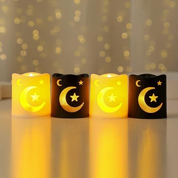 Ramadan Lantern, 4 Pack LED Mini Moon Star Pattern for Home Table Fireplace Indoor Eid Mubarak Decor