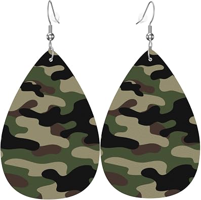 Green Brown Camouflage Print Faux Leather Teardrop Earrings for Women Drop Dangle Earrings