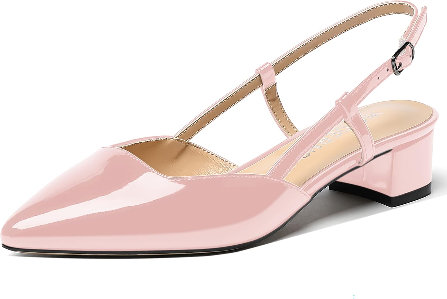WAYDERNS Women's Pointed Toe Patent Slingback Ankle Strap Chunky Low Heel Pumps Business Work Dress Shoes 1.5 Inch