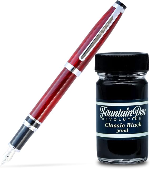 Fountain Pen Revolution FPR Ambassador Burgundy Fountain Pen w/Ultra Flex Nib Luxury Pen Set Includes Black Ink Bottle, Bottle Filling Converter, 2 Long Cartridges