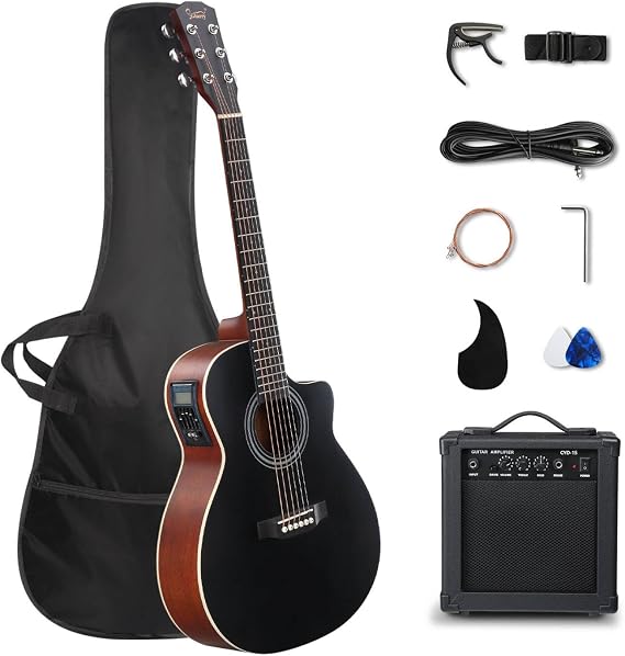 GLARRY 36in Full Size Acoustic Electric Guitar Beginner Kit with 15W Amp, 5-band EQ Cutway Design 6 Strings Electric Acoustic Guitar with Bag, Strap, Picks, Strings, Wrench (Black, 36in)