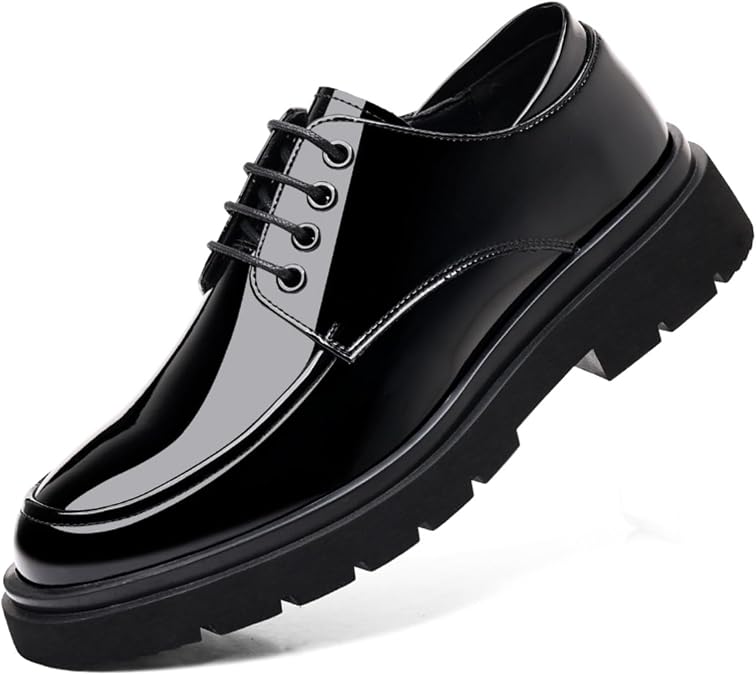 Men's Dazzling Patent Leather Lace - Up Platform Oxfords, Black Round - Toe, Soft Rubber Sole, Non - Slip, Waterproof, Business Formal Derby Dress Shoes