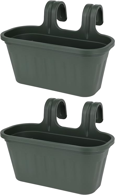 Pack of 2 - Large Green Plastic Hanging Planters Outdoor Garden Fence Balcony Rail Railing Flower Herb Plant Pots