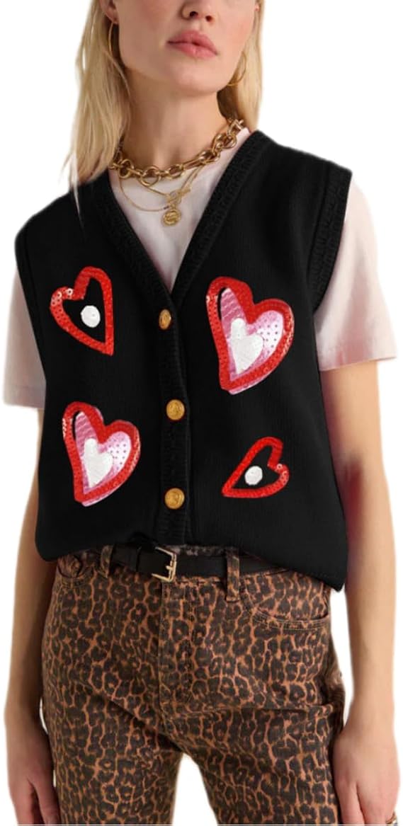 Women Christmas Sweater Vests Santa Claus Print Sleeveless Knit Cardigan Vest Christmas Holiday Tank Top
