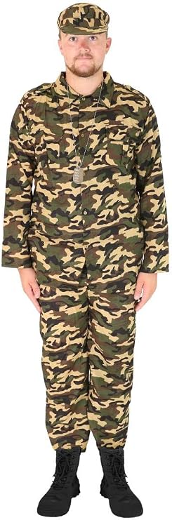I LOVE FANCY DRESS Mens Army Costume. Action Man Soldier Costume for Men. Camouflage Suit in Green, Khaki, Brown, Beige. Army Jacket + Matching Army Trousers + Matching Army Cap.